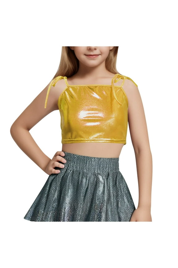 Girls' Dance Tops, Toddler Girls Shiny Sleeveless Crop Tank Tops Tie Strap Camisole Undershirts , T-42, Gold, 7T