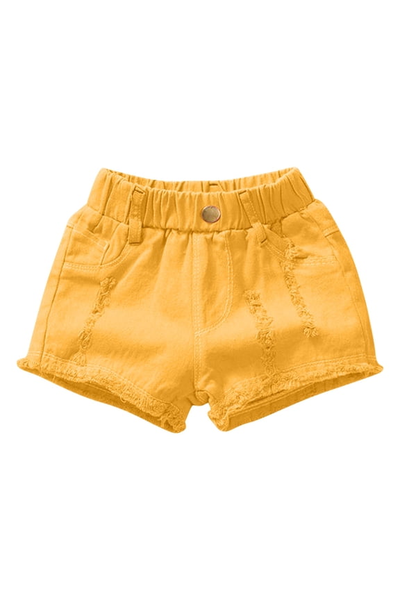 Girls Denim Shorts, Toddler Cut Off Jeans Shorts, Teen Girls Elastic Waist Distressed Ripped Buttons Denim Short Pants with Pockets, Style-8, Yellow, 3T