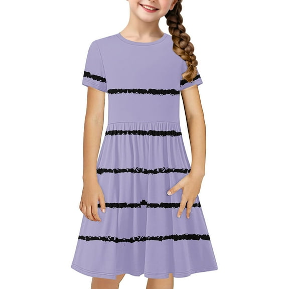 LLYwey Girls Dresses Size 6, Vintage Dress for Girls Summer Polka Dots Short Sleeve Collared Casual Sundress with Belted Pleated A-Line Evening Wedding Party Sundress, By-43, Purples, 9T