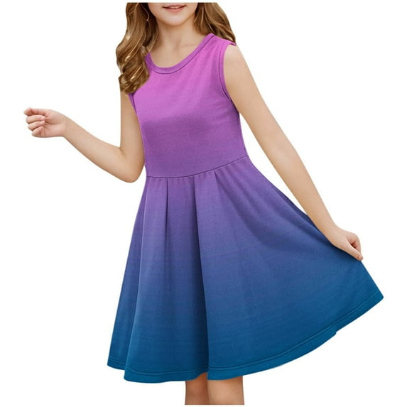 LLYwey Girls Elegant Dresses - Toddler Girls Summer Round Neck Sleeveless Tank Dresses, Fashion Gradient Knee Length A-Line Party Casual Sundress for Kids 3-14 Years, Dark Blue, 9T
