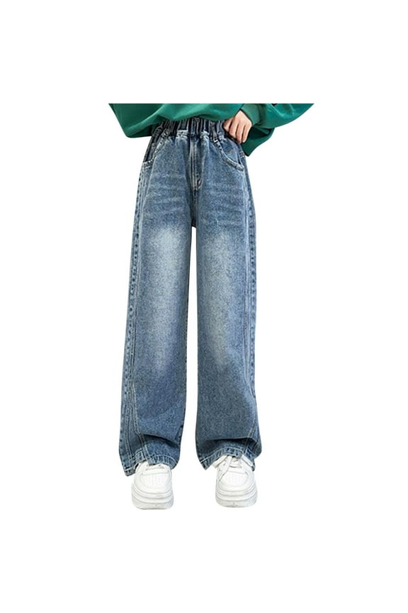 Girls Jeans, Toddler Girl Elastic High Waist Wide Leg Denim Pants with Pockets Trendy 2025 Kids Summer Clothes 3-15 Years, Blue, 3T