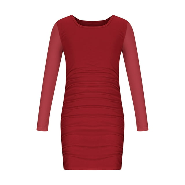 LLYwey Girls Party Dresses, Big Girls Elegant Formal Wedding Ruched Mesh Long Sleeve Mini Dresses Casual Summer Slim Fitted Short Dresses, Red, 7T