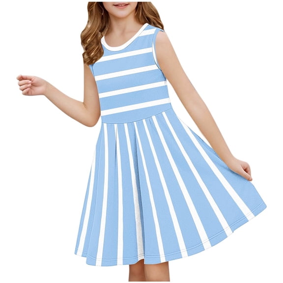 LLYwey Girls Striped Summer Dresses, Kids Fashion Round Neck Sleeveless Tank Dresses, Teen Girls A-Line Mid Length Loose Flowy Beach Casual Sundress, Blue, 9T