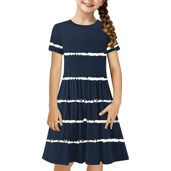 LLYwey Girls Summer Dresses, Vintage Dress for Girls Summer Polka Dots Short Sleeve Collared Casual Sundress with Belted Pleated A-Line Evening Wedding Party Sundress, By-43, Navy, 4T