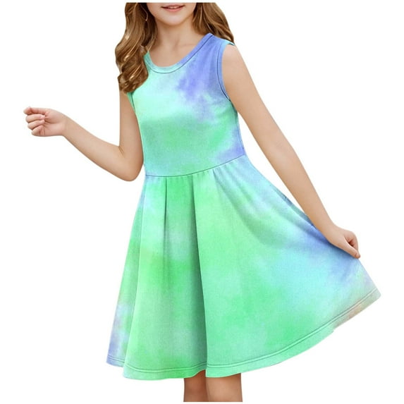 LLYwey Girls Summer Sleeveless Tank Dress, Spring Sundress, Fashion Tie Dyed Evening Party Loose Flowy Midi A-Line Casual Dress, Green, 4T