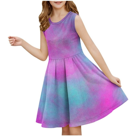 LLYwey Girls Summer Sleeveless Tank Dress, Spring Sundress, Fashion Tie Dyed Evening Party Loose Flowy Midi A-Line Casual Dress, Purples, 11T