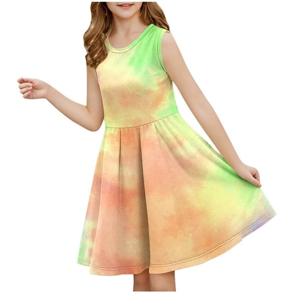 LLYwey Girls Summer Sleeveless Tank Dress, Spring Sundress, Fashion Tie Dyed Evening Party Loose Flowy Midi A-Line Casual Dress, Yellow, 11T