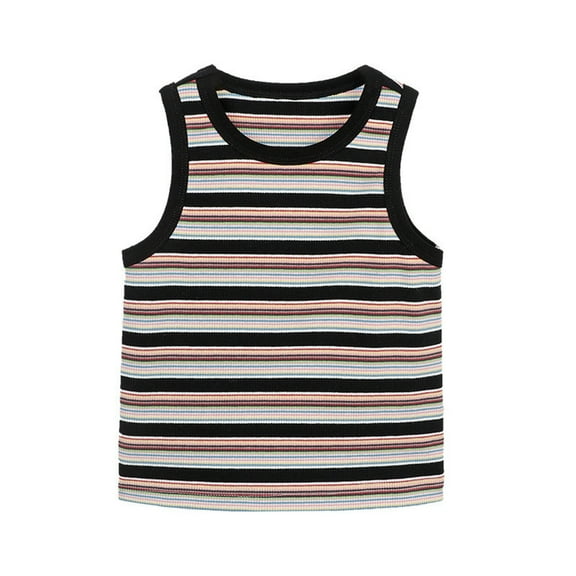 LLYwey Girls Tank Tops, Toddler Girls’ Striped Print Ribbed Knit Crew Neck Sleeveless T Shirts Casual Loose Summer Tanks Soft Cotton Undershirts, T-21, Black, 3T