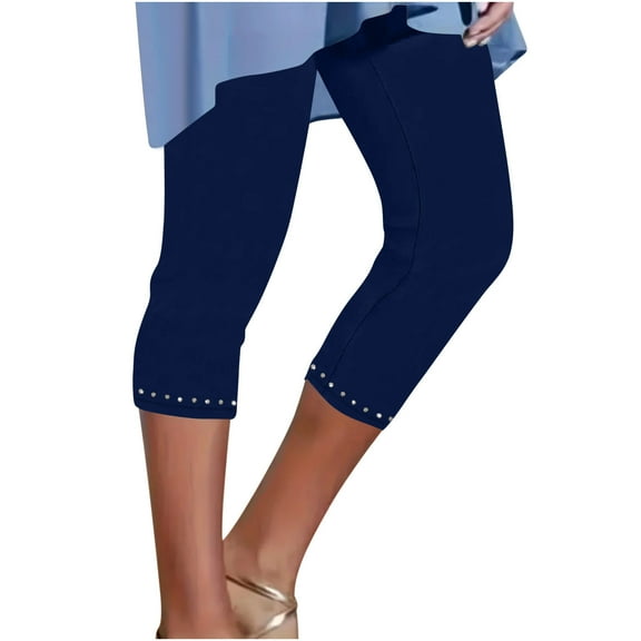 LLYwey High Waisted Capris Leggings Women Yoga Stretch Cropped Pants Casual Solid Color Rhinestone Pull on Elastic Waist Slim Leg Cropped Trousers , St5, Navy, S