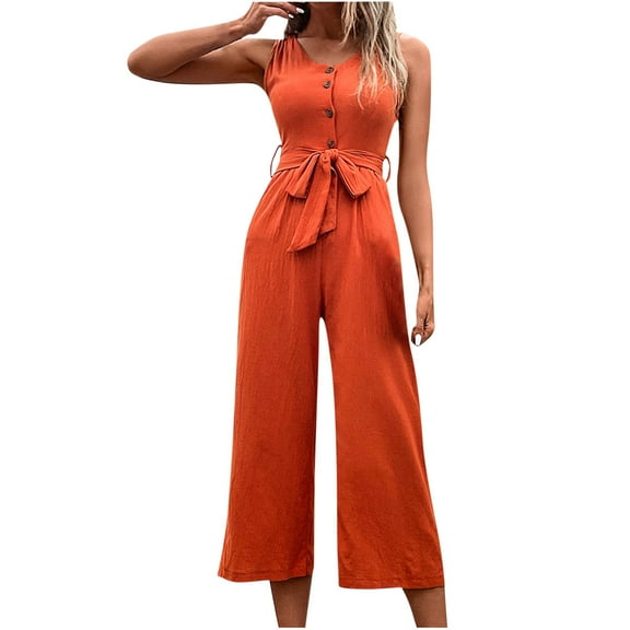 LLYwey High Waisted Dress Pants For Women Women Casual Solid Pocket Romper Button V-Neck Sleeveless Tops Bandage Strap Jumpsuit Female Work Pants Long Pant Style H1198 Red XL