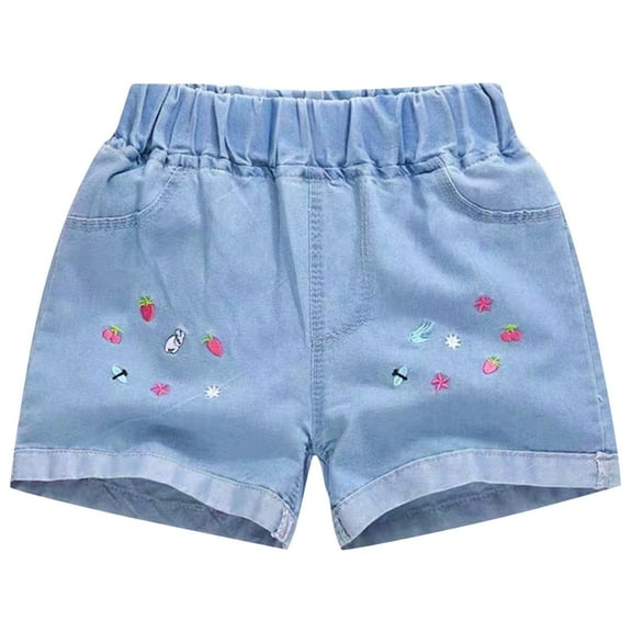 LLYwey High-Waisted Jeans Shorts for Girls Bow Floral Print Denim Shorts with Pockets Kids Summer Casual Loose Straight Elastic Waist Pull on Short Pants, New - MD4, Blue, 3-4T