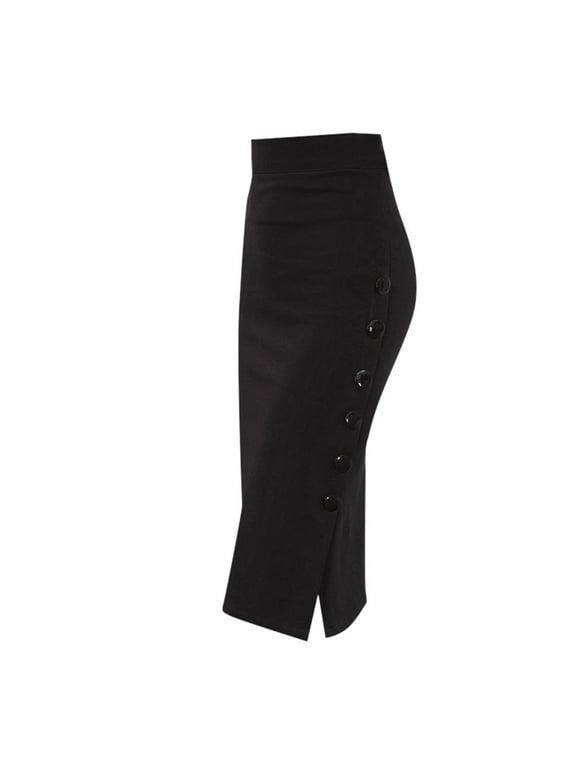 High-Waisted Pencil Skirts for Women Plus Size Stretchy Knee-Length Button Side Split Business Casual Office Work Pencil Skirts, I-17, Black, XXL