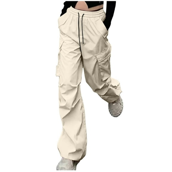 LLYwey High Waisted Scrub Pants For Women Women Loose Pants Casual Sports Pants Drawstring Cargo Pants Wide-leg Pockets High Waisted Stretchy Cargo Pants Female Long Pant Style H1600 Khaki S