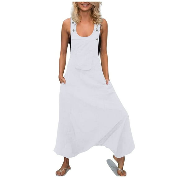 LLYwey Hiking Pants Women Women Sleeveless Dungarees Loose Cotton Long Playsuit Jumpsuit Pants Trousers Stretchy Cargo Pants Female Long Pant Style H3004 White M