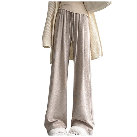 LLYwey Insulated Leggings for Women Ladies Plush Wide Leg Pants with Drawstring, High Waist Drape, Straight Tube Loose Fitting, Casual Knitted Straight Tube Pants New Winter Pants Khaki L