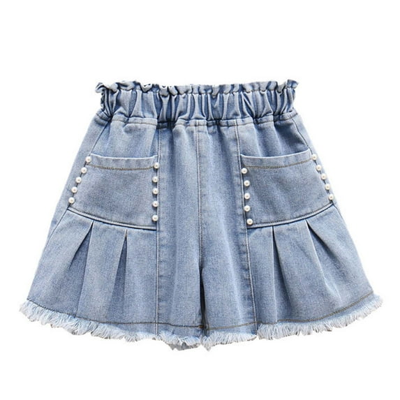LLYwey Jeans Shorts for Teen Girls Ripped Distressed Denim Shorts with Pocket Ruffle Elastic Waist Straight Leg Summer Jeans Short Pants, New-Md72, Blue, 8-9T