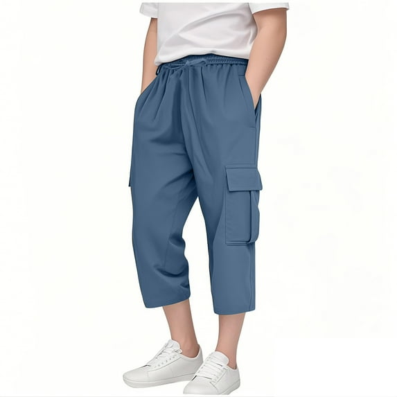 LLYwey Kids Cargo Capris Pants, Toddler Lightweight Hiking Pants, Boys Girls Summer Casual Capris with Pockets Drawstring Elastic Waist Solid Straight Leg Cropped Trousers, New-Md76, Blue, 9T