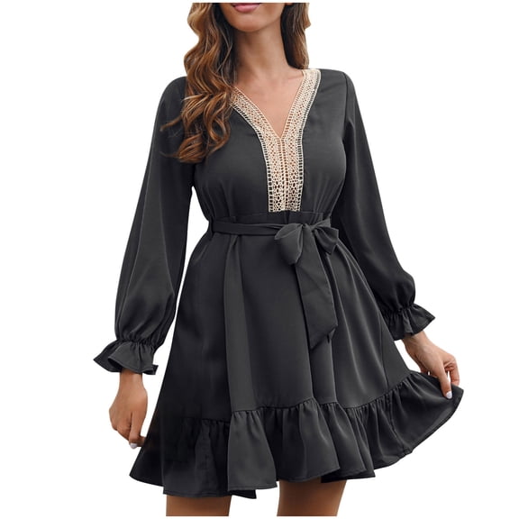 LLYwey Ladies Fall Dresses Casual Fashion Summer Long Sleeve Turndown Collar Loose Solid Dress New Cocktail Dresses Black Xl