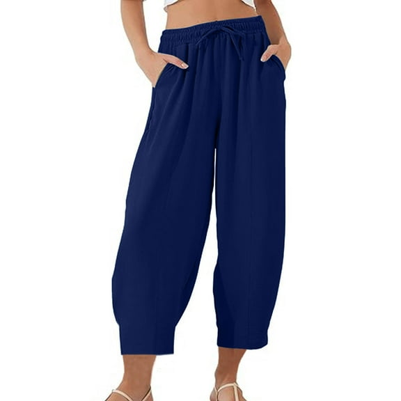 LLYwey Lantern Pants for Women Drawstring High Waist Ankle Pants Casual Loose Elastic Waist Cropped Trousers with Pockets, St20, Blue, L
