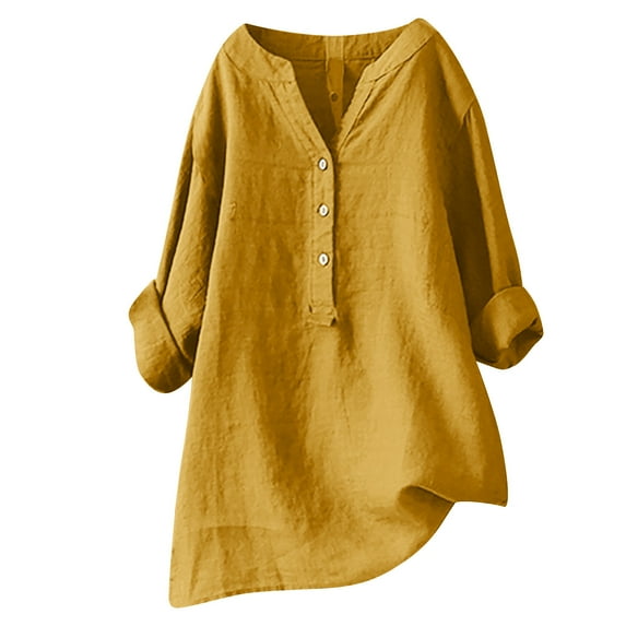 LLYwey Linen Button-Down Shirts Women V Neck Long Sleeve Collared Blouses Women Plus Size Cotton Linen Loose Casual Tops Mother's Day Gifts, Style-31, D-Yellow, 3XL
