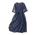 thumbnail image 1 of LLYwey Linen Dresses for Women 2025 Midi Dresses Trendy Summer Button up V-Neck Tie Waist Floral Embroidered Short Sleeve Flowy A-Line Causal Sundress, Sun-10, Navy, M, 1 of 8
