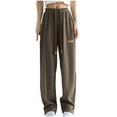 thumbnail image 1 of LLYwey Linen Full Length Pants For Women Fashion Women Comfortable Casual Fold Pocket Lace Solid Color Straight Leg Full Length Pants Female Sweatpants Long Pant Style H921 Brown S, 1 of 6