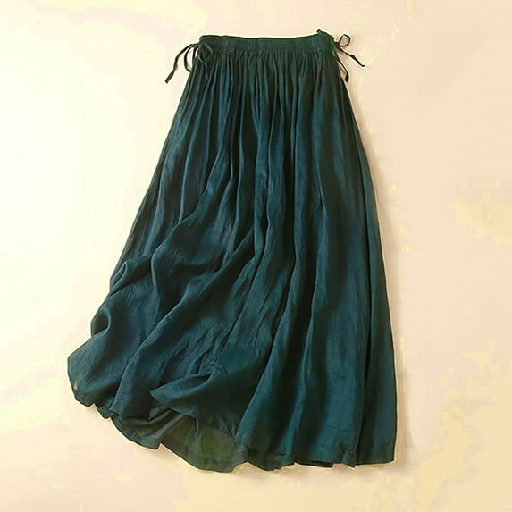 LLYwey Linen Long Skirts for Women Drawstring Elastic Waist Casual Loose Flowy Pleated A-Line Midi Skirts, I-8, Green, XL