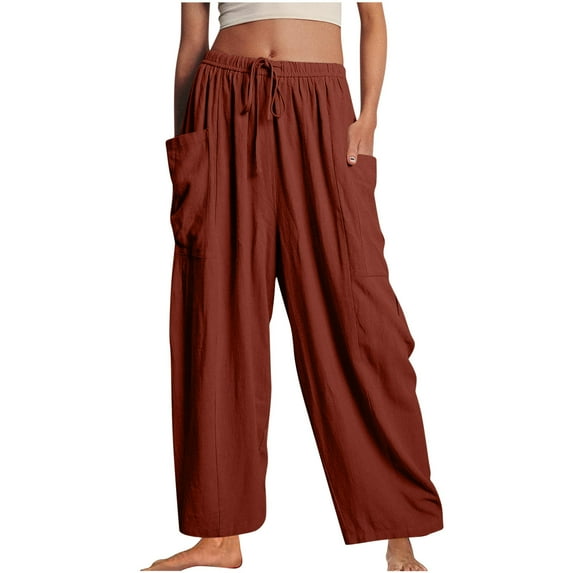 LLYwey Linen Pants For Women Women Casual Pant Loose Comfy Drawstring Wide Leg Crop Trousers with Pockets Female Hiking Pants Long Pant Style H1221 Coffee L