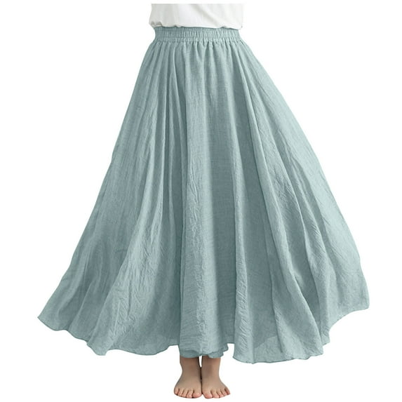 LLYwey Linen Skirts for Women Elastic Waist Long Flowy Bohemian Cotton Linen Casual Maxi Skirt for Summer Beach Holiday, Sun-1, Green-b, One Size