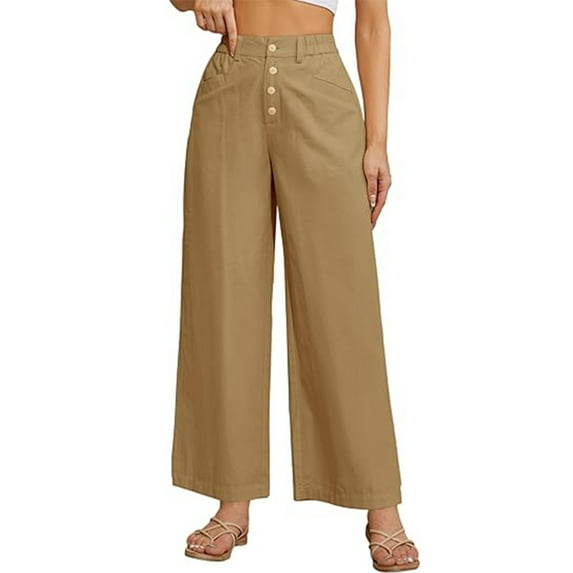 LLYwey Linen Trousers For Women Women Casual Solid Color High Waist Loose Wide Leg Pants Jogging Pants Female Long Pant Style H2281 Khaki XL
