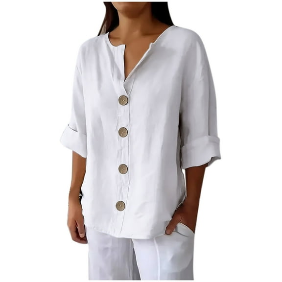 LLYwey Linen V-Neck 3/4 Sleeve Blouses & Tops Women’s Plus Size Dressy Casual Button-Up Shirts, Style-1, White, 3XL
