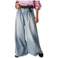 thumbnail image 1 of LLYwey Linen Wide Leg Pants For Women Fashion Women Button Casual Loose Solid Trousers Pockets Zipper Long Pants Loose Pants Female Summer Long Pant Style H1172 Light Blue XS, 1 of 8