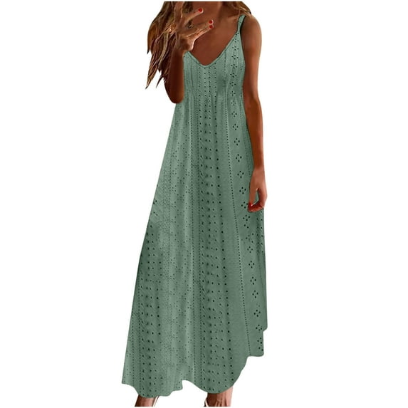 LLYwey Maxi Dresses for Women 2025 Formal Spaghetti Strap Sleeveless V-Neck Eyelet Long Dresses Solid Color Wedding Guest Evening Gown, I-43, Green, S