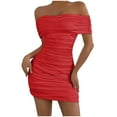thumbnail image 1 of LLYwey Off the Shoulder Dresses for Women Ruched Summer Strapless Mini Party Club Dresses, Sun-4, Red, S, 1 of 4