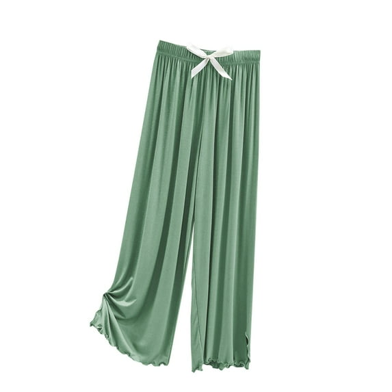 LLYwey Office Pants For Women Women Solid Color Loose Casual Home Tie Split Straight Leg Pants Wide Leg Pants Long Pant Style H1523 Green L