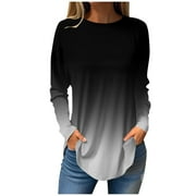 LLYwey Oversized Shirts for Women Discounts Womens Round Neck Printed Fall Blouses Fashion Smocked Long Sleeve Shirts Tops Round Neck Pullover Blouses Shirts Black S