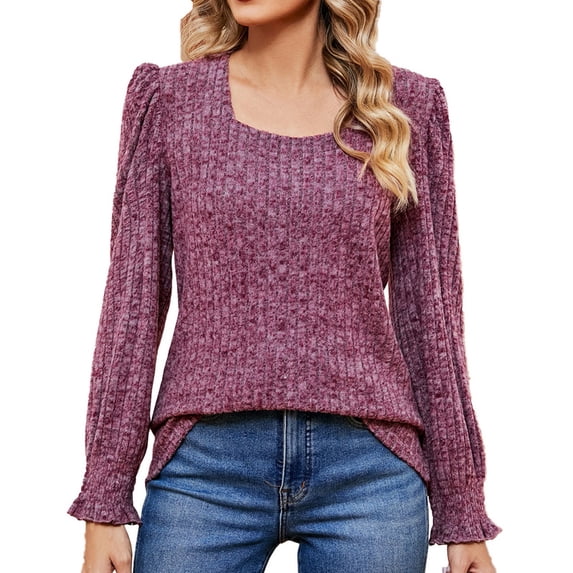LLYwey Oversized Sweaters for Women Women's New Fashion Solid Color Ruffle Sleeves Loose T-Shirt Long Sleeve Tops Round Neck Pullover Blouses Shirts Purples L