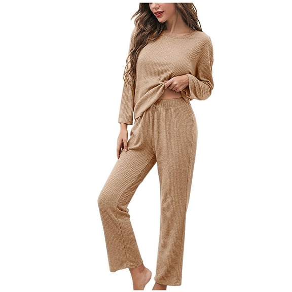 LLYwey Pajama Sets Women 2 Piece Outfits Sets Ladies Pjs Sets Long Sleeve Crew Neck Pullover Tops and High Waist Pants Set Sleepwear Drawstring Casual Loose Sweatsuits Fall Tracksuits Khaki S