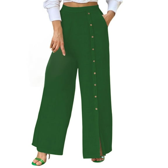 LLYwey Pants For Women Women's Summer Casual Slit High Waist Cotton Linen Single-Breasted Solid Color Pocket Trousers Female Pants Long Pant Style H1988 Green-1 XXL