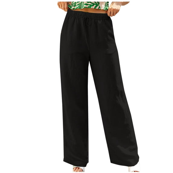 LLYwey Pants Rompers For Women Women's Fashion Solid Color Mid Rise Pocket Wide Leg Loose Pants Yoga Pants Female Long Pant Style H874 Black M