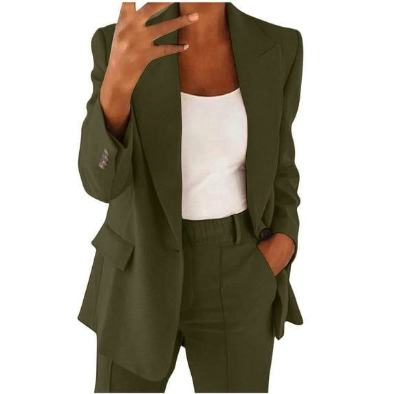 LLYwey Pants Suits for Women Dressy Plus Size Blazers Set Long Sleeve Notch Lapel Office Work Blazer Pants Set Business Casual V Neck Button Matching Sets Green-1 3XL