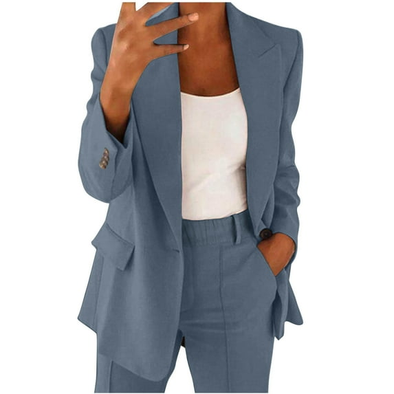LLYwey Pants Suits for Women Dressy Plus Size Blazers Set Long Sleeve Notch Lapel Office Work Blazer Pants Set Business Casual V Neck Button Matching Sets Light Blue 4XL
