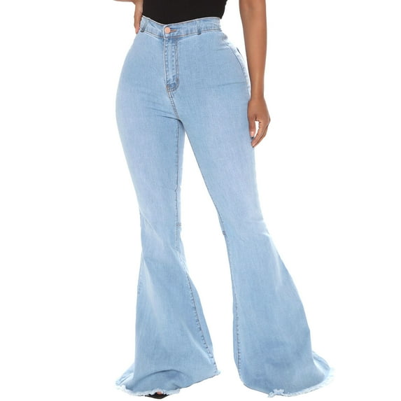 LLYwey Plus Size Full Length Pants For Women Fashion Denim Button Zipper Solid High Waist Pockets Jean Wide Leg Pants Flare Trousers White Linen Pants Female Long Pant Style H1242 Light Blue M