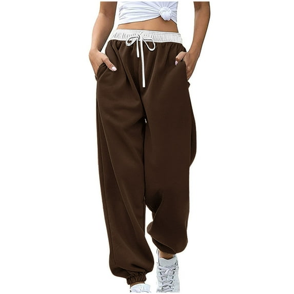 LLYwey Plus Size Full Length Pants For Women Women Fashion Color Block Printed Drawstring Pants Capris Pants Female Plus Size Long Pant Style H97 Brown XL