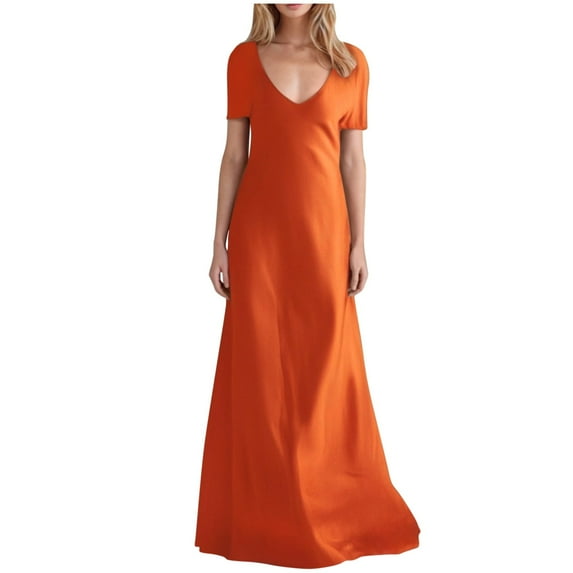 LLYwey Plus Size Maxi Dresses for Women 2025 Wedding Guest Long Dresses Casual Summer Solid Color V-Neck Short Sleeve Sundress, I-48, Orange, 5XL