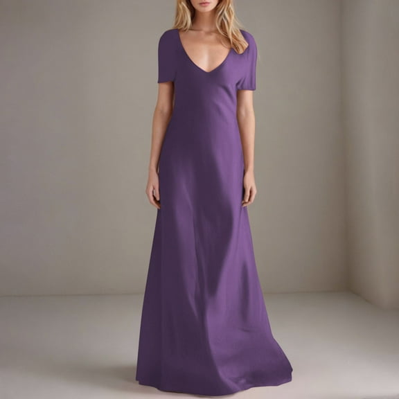 LLYwey Plus Size Maxi Dresses for Women 2025 Wedding Guest Long Dresses Casual Summer Solid Color V-Neck Short Sleeve Sundress, I-48, Purples, 3XL