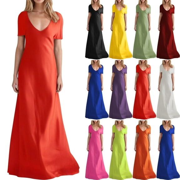 LLYwey Plus Size Maxi Dresses for Women 2025 Wedding Guest Long Dresses Casual Summer Solid Color V-Neck Short Sleeve Sundress, I-48, Red, 4XL