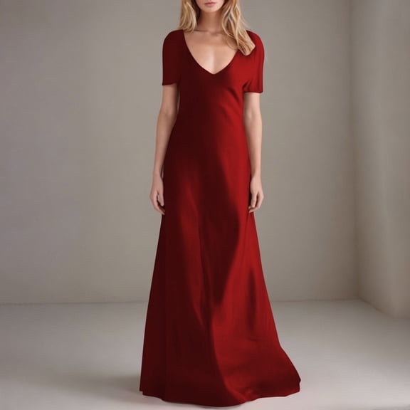 LLYwey Plus Size Maxi Dresses for Women 2025 Wedding Guest Long Dresses Casual Summer Solid Color V-Neck Short Sleeve Sundress, I-48, Wine, 5XL