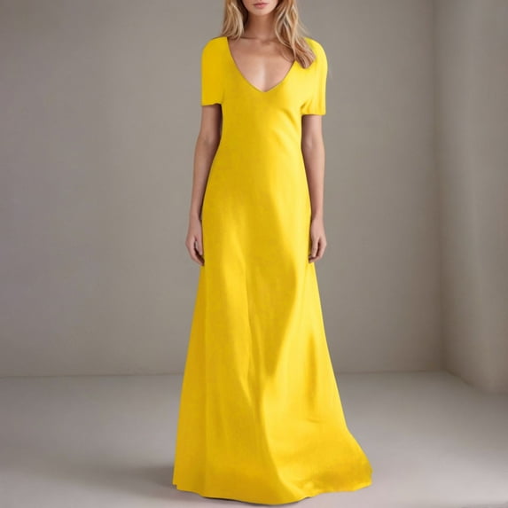 LLYwey Plus Size Maxi Dresses for Women 2025 Wedding Guest Long Dresses Casual Summer Solid Color V-Neck Short Sleeve Sundress, I-48, Yellow, S