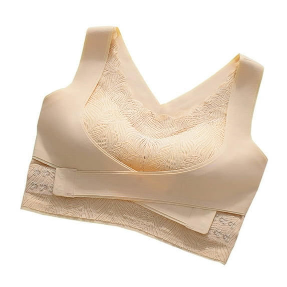 LLYwey Pull On Bras for Women Fashion Women Lace Side Buckle Beautiful Back Emulsion Cup Wireless Traceless Sports Bra Women Size Nylon T-Shirt Bra Style LW-168 Beige M
